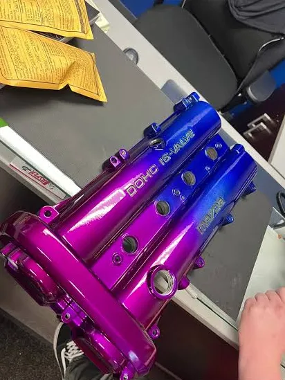 Candy purple and blue powder-coated engine valve cover